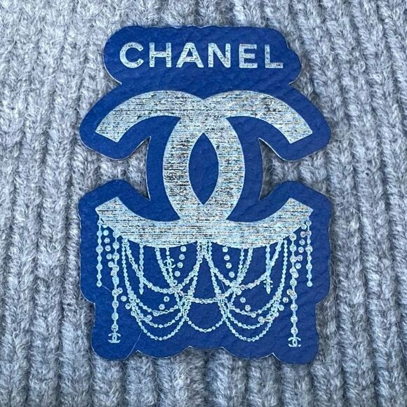 NWT New C.C. Grey Fuzzy Beanie/Hat w/Laser Engraved Non-Branded Chanel Patch OS - Picture 3 of 9